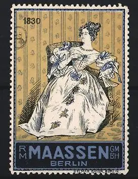 Reklamemarke Berlin, Maassen GmbH, Damenmode, Dame im Sessel um 1830