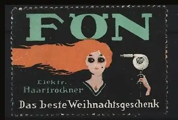 Reklamemarke Fön, Elektr. Haartrockner, Frau mit Haartrockner