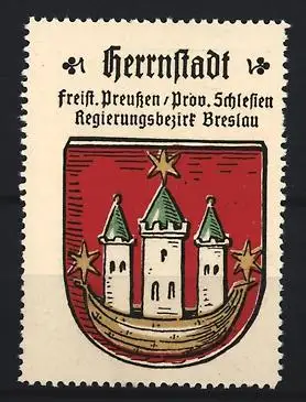 Reklamemarke Herrnstadt, Freist. Preussen /Prov. Schlesien, drei Türme im Wappen