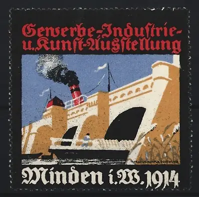 Reklamemarke Minden i. W., Gewerbe-Industrie-u. Kunst-Ausstellung 1914, Brücke mit Dampfschiff