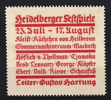 Reklamemarke Heidelberg, Heidelberger Festspiele, Leiter Gustav Hartung, Textdesign