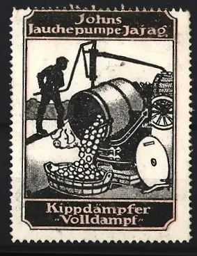 Reklamemarke Johns Jauchepumpe Jarjag, Kippdämpfer Volldampf, Mann mit Pumpe und Fass