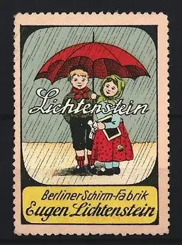 Reklamemarke Berlin, Berliner Schirm-Fabrik Eugen Lichtenstein, Kinder mit Regenschirm
