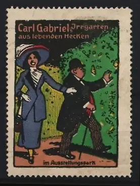 Reklamemarke Carl Gabriel Irrgarten, Paar beim Spaziergang im Ausstellungspark