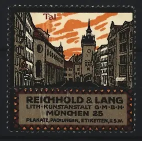 Reklamemarke München, Reichhold & Lang Lithogr. Kunstanstalt, Stadtszene mit Turm