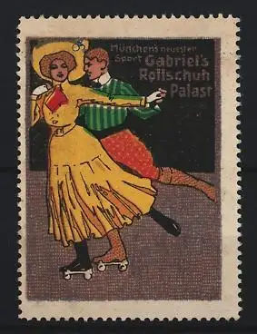 Reklamemarke München, Gabriel`s Rollschuh-Palast, Rollschuhläufer-Paar