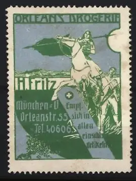 Reklamemarke München, Orleans Drogerie, Orleanstr. 55, Ritter auf Pferd