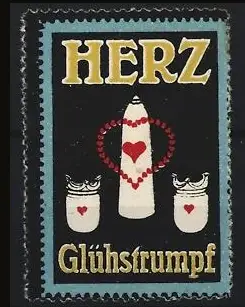 Reklamemarke Herz Glühstrumpf, Glühstrumpf mit Herzsymbolen