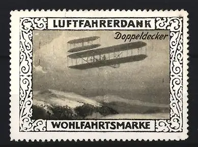 Reklamemarke Luftfahrerdank, Doppeldecker über Landschaft