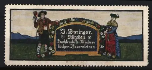 Reklamemarke München, J. Springer Trachtenstoffe, Traditionelle Trachtenszene