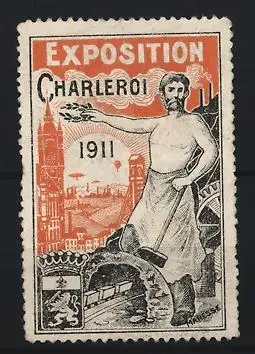 Reklamemarke Charleroi, Exposition 1911, Schmied mit Hammer