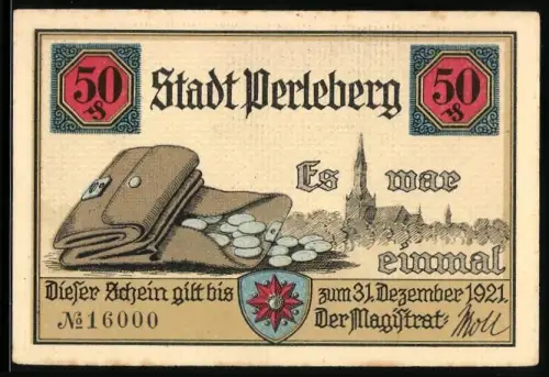 Notgeld Perleberg 1921, 50 Pfennig, Geldbörse mit Münzen und Stadtsilhouette, Gebäude mit Bäumen