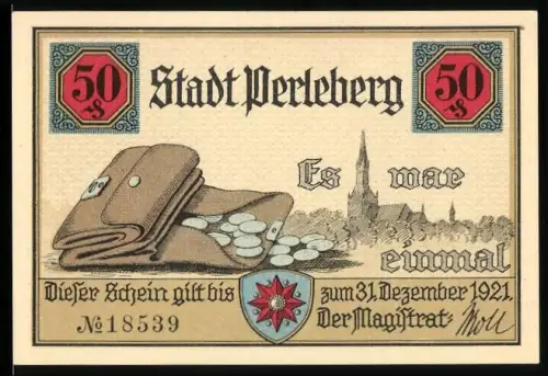 Notgeld Perleberg 1921, 50 Pfennig, Geldbörse und Ortsansicht, Fachwerkhäuser und Strassenlaterne
