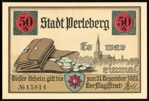 Notgeld Perleberg 1921, 50 Pfennig, Geldbörse und Rolandsstatue mit Ortsansicht