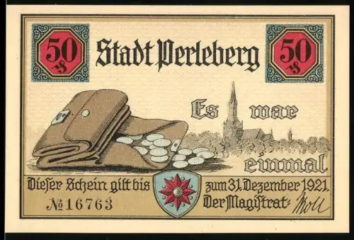 Notgeld Perleberg 1921, 50 Pfennig, Geldbörse und Ortsansicht mit Kirche und Wappen