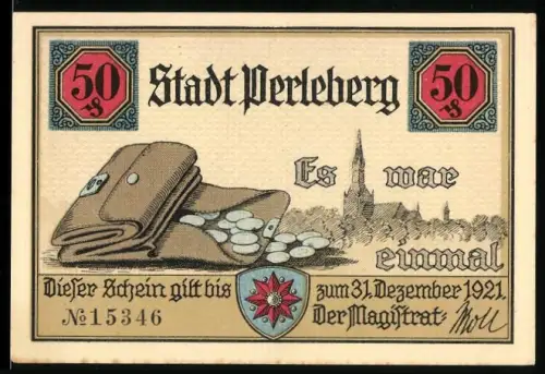 Notgeld Perleberg 1921, 50 Pfennig, Geldbörse und Ortsansicht, Gebäude mit Inschrift Gerettet