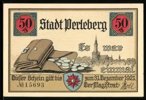 Notgeld Perleberg 1921, 50 Pfennig, Geldbörse und Ortsansicht, Rathaus und Baum