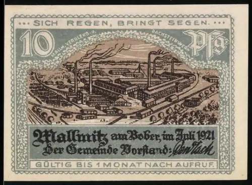 Notgeld Mallmitz am Bober 1921, 10 Pf, Industrieanlage und Personen am Schalter, Porträt und Gebäudeansicht