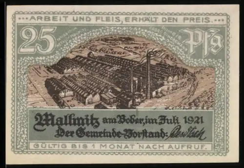 Notgeld Mallmitz am Bober 1921, 25 Pfennig, Fabrikansicht und Dampfschiff Die Möwe mit Porträt und Schloss