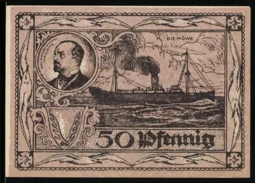 Notgeld Mallmitz a. Bober 1921, 50 Pfennig, Porträt und Dampfschiff Die Möwe