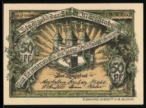 Notgeld Marggrabowa 1920, 50 Pf, Stadtwappen und Sonnenaufgang über Landschaft mit Adler und Glocke