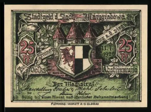 Notgeld Marggrabowa /O.-Pr. 1920, 25 Pf, Ortsansicht mit Zitat und Wappen