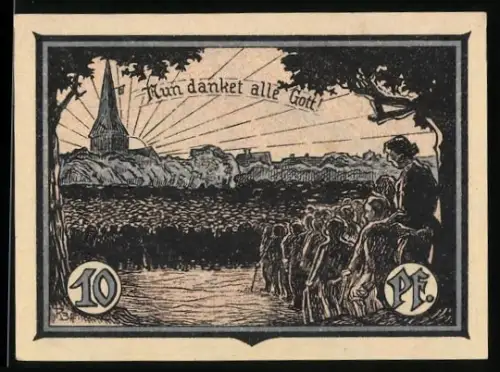 Notgeld Marggrabowa 1920, 10 Pf, Menschenmenge und Stadtwappen mit Türmen und Eichenlaub