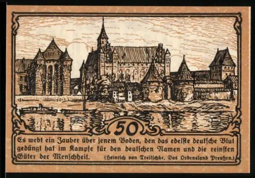 Notgeld Marienburg i. Wpr., 50 Pfennig, Ortsansicht mit Zitat von Heinrich von Treitschke