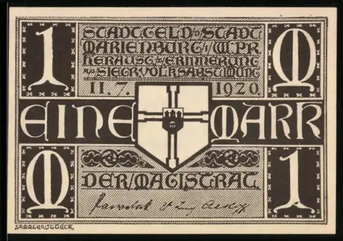 Notgeld Marienburg /Wpr. 1920, 1 Mark, Stadtwappen und mittelalterliche Krieger vor Burg