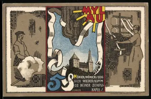 Notgeld Mylau 1921, 5 Pfennig, Schloss Mylau und Webermotive mit Stadtplan und Wappen