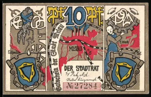 Notgeld Mylau 1921, 10 Pf, Stadtwappen und historische Szenen mit Spinnrad und Webstuhl