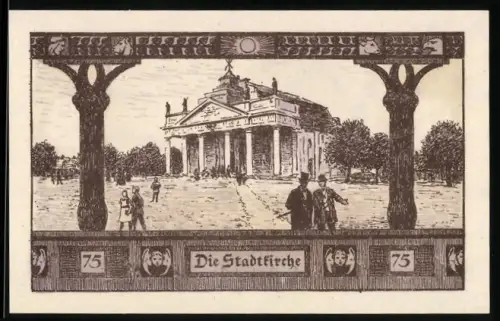 Notgeld Ludwigslust 1922, 75 Pfennig, Stadtkirche und steinerne Brücke im Schlosspark