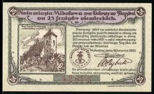 Notgeld Nikolai /O.S. 1921, 25 Pfennig, Alte und Neue St. Valentin Kirche, Wappen