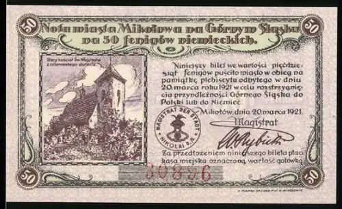 Notgeld Nikolai i. Oberschlesien 1921, 50 Pfennig, Kirche und Landschaftsmotiv