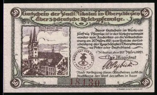 Notgeld Nikolai i. Ob.-Schlesien 1921, 50 Pfennig, St.-Hedwigs-Kirche und Ortsansicht mit Kirche