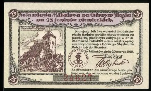 Notgeld Nikolai i. Oberschlesien 1921, 25 Pfennig, Kirche, Ortsansicht und Wappen