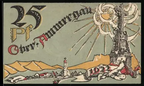 Notgeld Oberammergau 1921, 25 Pf, Dorflandschaft und Kruzifix mit Strahlenkranz