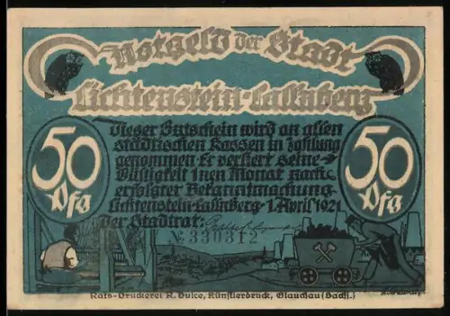 Notgeld Lichtenstein-Callnberg 1921, 50 Pfennig, Bergbau und Tanzende Figuren