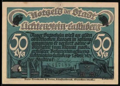 Notgeld Lichtenstein-Callnberg 1921, 50 Pfennig, Schmiedeszene und Teufelsfigur
