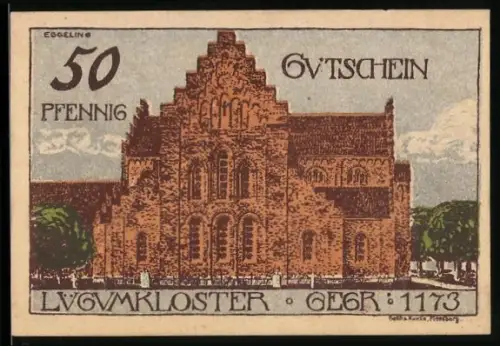 Notgeld Lügumkloster 1920, 50 Pfennig, Ziegelkirche und Pferdemotiv
