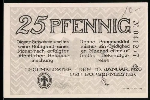 Notgeld Lügumkloster 1920, 25 Pfennig, Bischof und Kreuze-Motiv