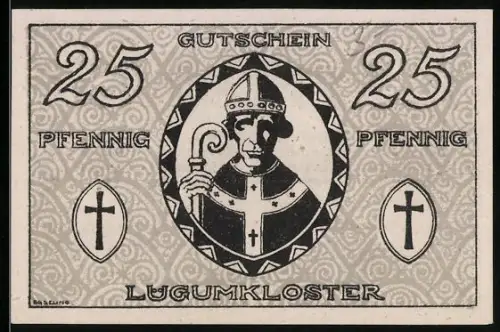Notgeld Lügumkloster 1920, 25 Pfennig, Bischof mit Krummstab und Kreuze