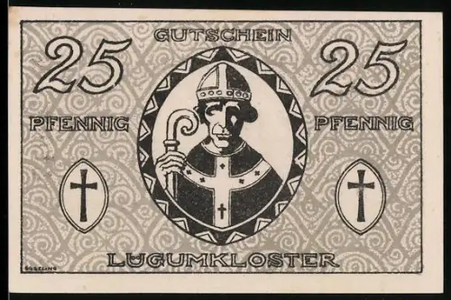 Notgeld Lügumkloster 1920, 25 Pfennig, Bischof mit Krummstab und Kreuzmotive