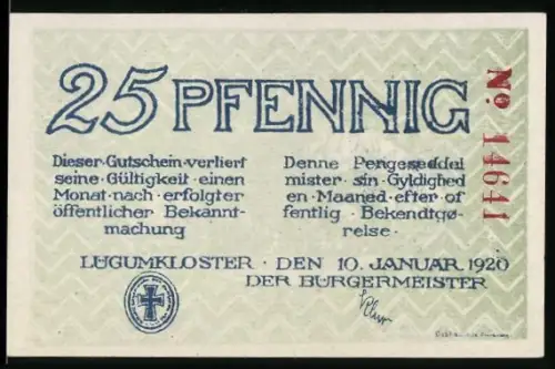 Notgeld Lügumkloster 1920, 25 Pfennig, Geistlicher mit Bischofsstab und Kreuzen