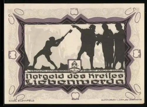 Notgeld Liebenwerda 1921, 50 Pf., Silhouetten von Menschen mit Werkzeug und Wappen