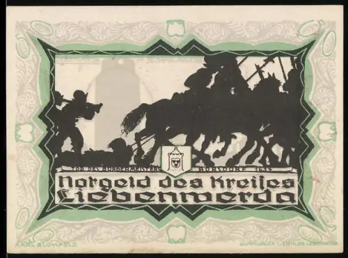 Notgeld Liebenwerda 1921, 50 Pf., Soldaten und Pferde Silhouette, Wappen