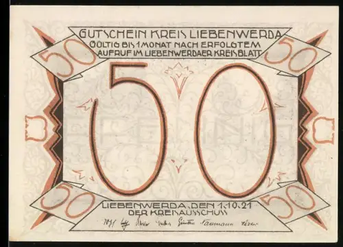 Notgeld Liebenwerda 1921, 50 Pf., Silhouetten von Menschen und Tieren mit Wappen