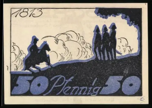 Notgeld Leipzig 1921, 50 Pfennig, Völkerschlachtdenkmal und Soldaten auf Pferd