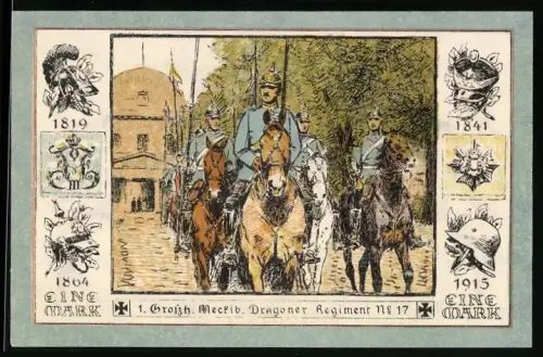 Notgeld Ludwigslust 1922, 1 Mark, Dragoner-Regiment und Friedrich Franz I. Porträt mit Greifenornamenten