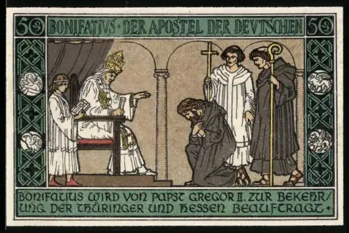 Notgeld Ohrdruf 1921, 50 Pfennig, Bonifatius und Papst Gregor II., Stadtgründung durch Bonifatius